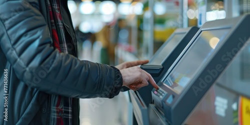 A person completing a payment transaction on a self-checkout kiosk. 