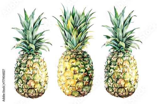 watercolor pineapples isolated on white background  summer illustration with tropical fruits for design