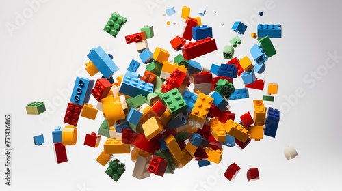 Exploding LEGO Bricks in a Colorful Array on a White Background photo