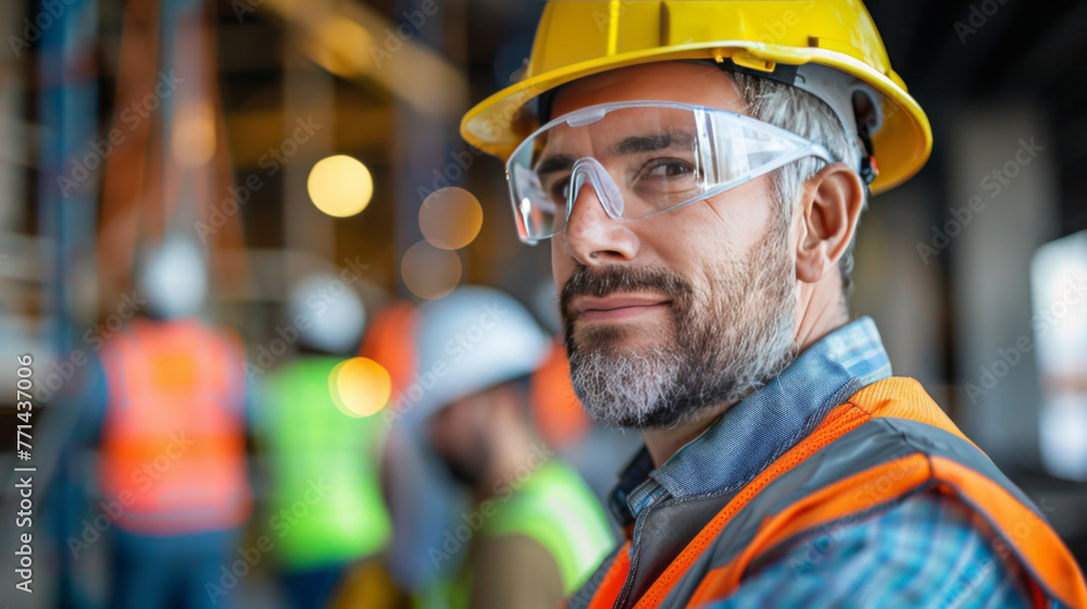 A cheerful construction supervisor with a hard hat and safety glasses smiles at the camera. A cheerful construction supervisor with a hard hat and safety glasses smiles at the camera.