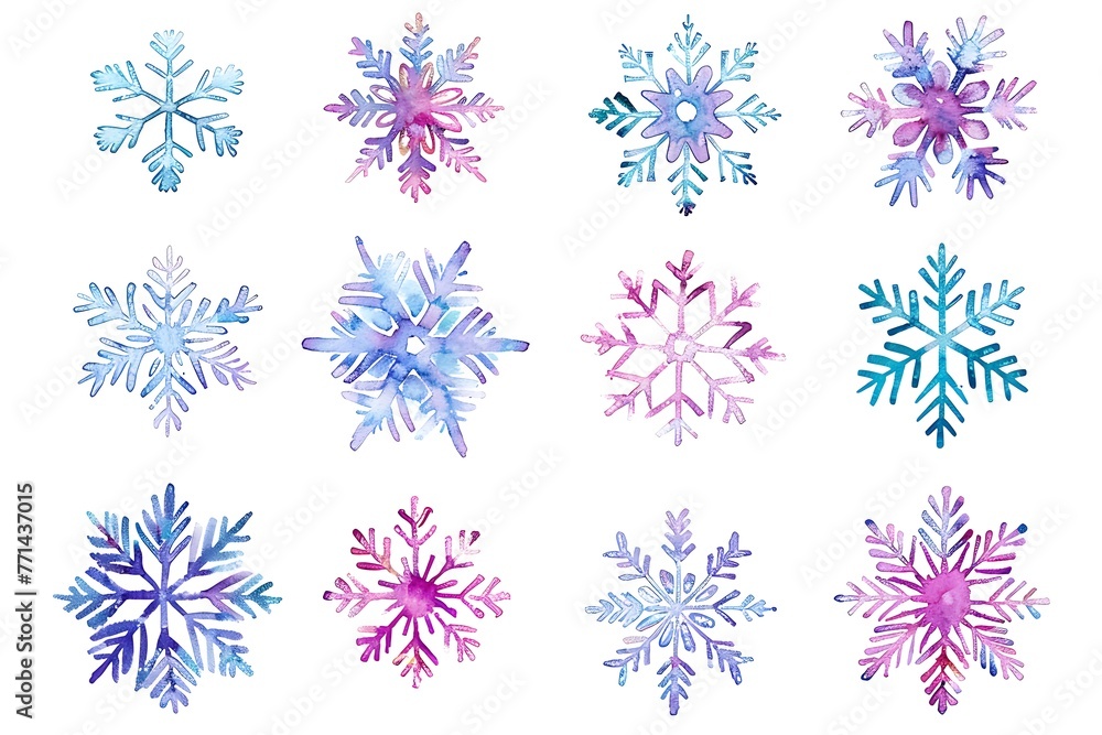 set of watercolor snowflakes different shape and color isolated on white background