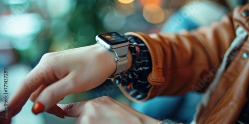 A person making a payment with a wearable device like a smartwatch. 