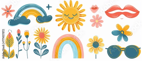 Flashback to a hip era with this vibrant collection of retro icons, including a cartoon sun, daisy flowers, colorful rainbows, funky lips, and stylish sunglasses, designed in a trendy, minimalist cart