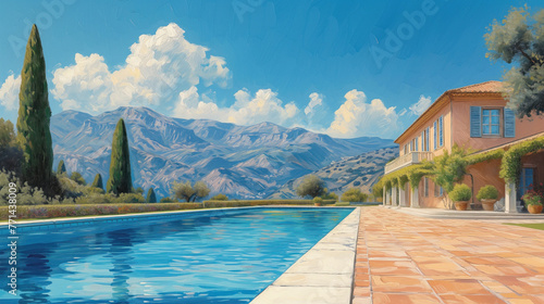 painting of a swimming pool in a house