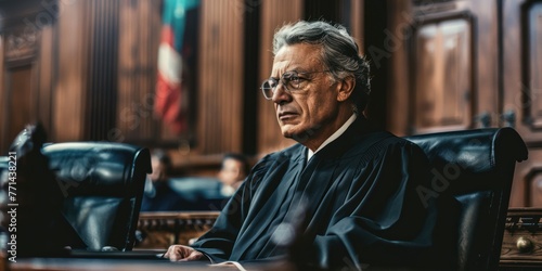 A judge in a black robe presiding over a court session.  photo