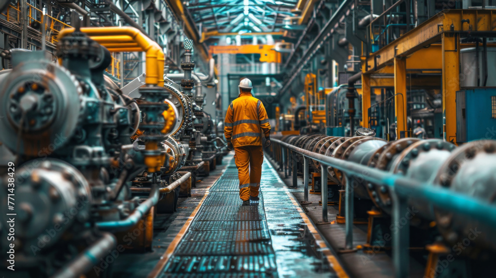 An industrial worker in high-visibility clothing walks down the central corridor of a busy, machinery-filled factory.