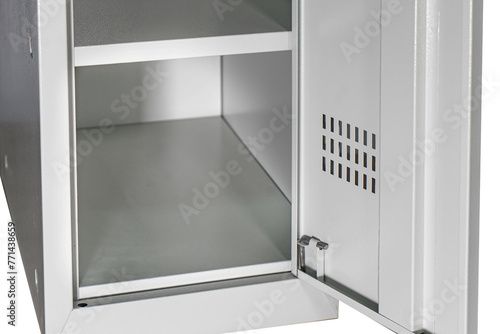 Fragment of the door of metal lockers for locker room. Change room metal locker box on the white background isolated.