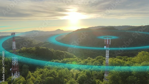 Telecommunication Tower Emitting Dangerous Radiation In Green Nature. 3D graphic