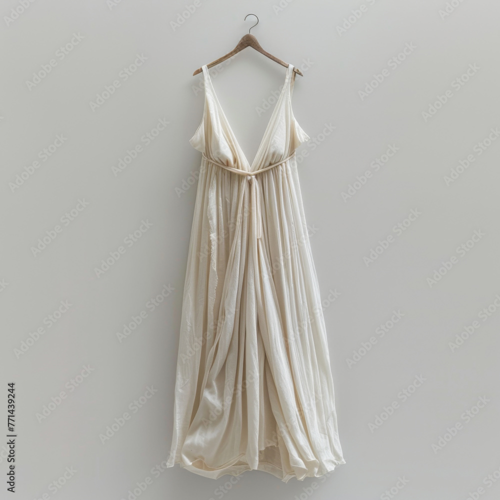 An ivory evening gown displayed on a wooden hanger against an empty background, highlighting its flowing fabric and design. An ivory evening gown displayed on a wooden hanger against an empty background, highlighting its flowing fabric and design.
