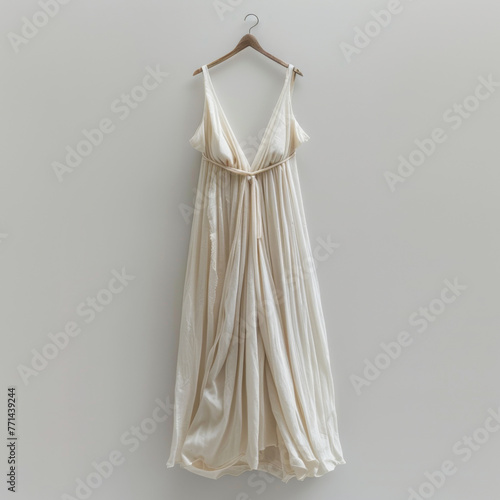 An ivory evening gown displayed on a wooden hanger against an empty background, highlighting its flowing fabric and design.