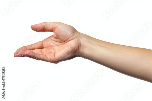 Woman hand holding grabbing or measuring something isolated on white background, with clipping path.  Five fingers. Full Depth of field. Focus stacking. PNG, Generative AI  photo