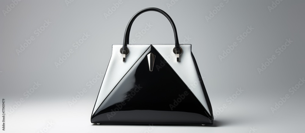 A monochromatic triangleshaped purse with a sleek black handle on a pristine white surface, showcasing symmetry and modern fashion accessory art A monochromatic triangleshaped purse with a sleek black handle on a pristine white surface, showcasing symmetry and modern fashion accessory art