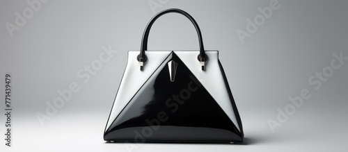A monochromatic triangleshaped purse with a sleek black handle on a pristine white surface, showcasing symmetry and modern fashion accessory art