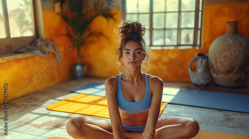 Young sporty attractive woman practicing yoga, doing Ardha Padmasana exercise, meditating in Half Lotus pose with mudra gesture, working out, wearing sportswear, indoor full length, yoga studio photo