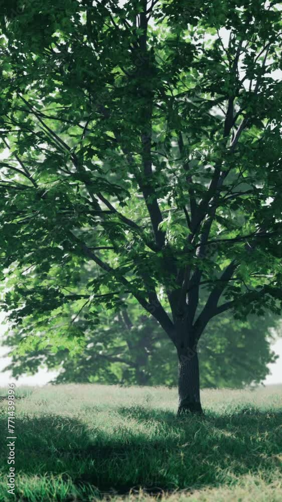 A tree in a grassy field with trees in the background A tree in a grassy field with trees in the background