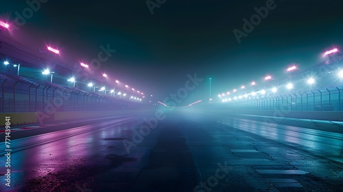 Retro Race Cars Speeding in Foggy Night Under Pink and Blue Lights © Maksym