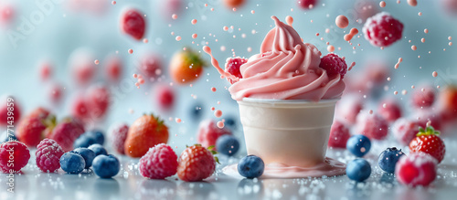 Coppa di gelato ai frutti di bosco contornata da fragole, mirtilli e lamponi photo