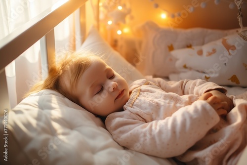 A newborn baby is sleeping in a wooden crib in the children's room. The baby sleeps in the bedside cradle. Safe sleeping together in a bedside bed. A little boy is dozing under a knitted blanket.