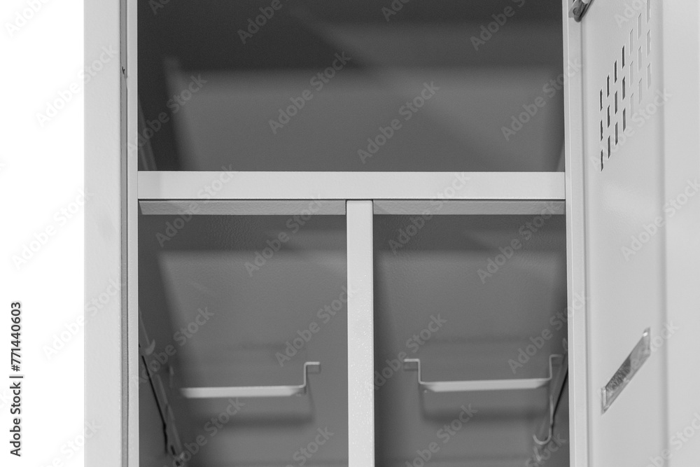 Metal lockers for locker room. Change room metal locker box on the white background isolated Metal lockers for locker room. Change room metal locker box on the white background isolated