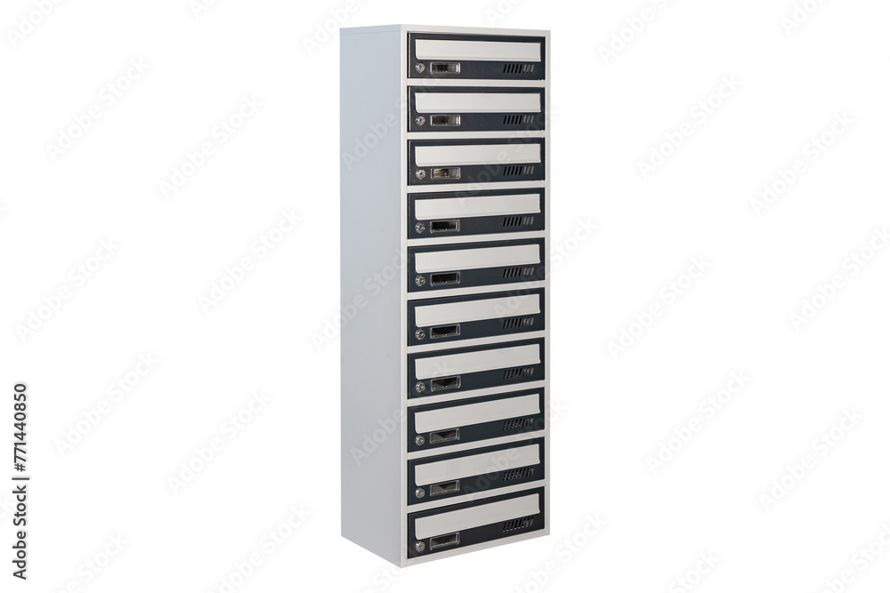 Mailboxes in the condo. metal mailbox with lockable center in condo. Mailbox on the white background isolated Mailboxes in the condo. metal mailbox with lockable center in condo. Mailbox on the white background isolated
