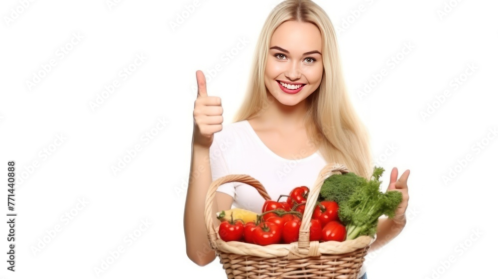 Young Colombian woman holding a shopping basket full of food isolated on white background Young Colombian woman holding a shopping basket full of food isolated on white background