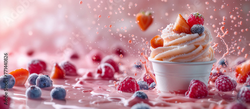 Coppa di gelato ai frutti di bosco contornata da fragole, mirtilli e lamponi photo