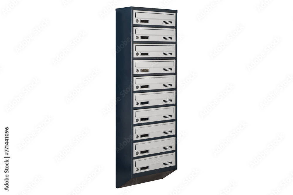 Mailboxes in the condo. metal mailbox with lockable center in condo. Mailbox on the white background isolated Mailboxes in the condo. metal mailbox with lockable center in condo. Mailbox on the white background isolated
