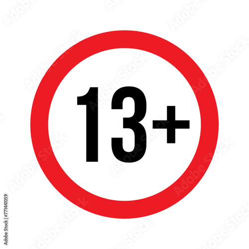 Age restriction for 13 plus vector illustration. Person under 13 not allowed sign, number thirteen in red line isolated circle badge for age limit of forbidden restricted social media content, movie