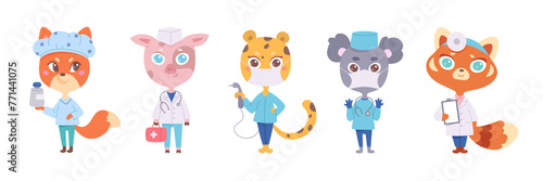 Cartoon animal doctors vector set. Funny cute smiling different animals with medical tools, stethoscope and syringe. Fun design for school, kindergarten, children, pediatric clinics and hospitals