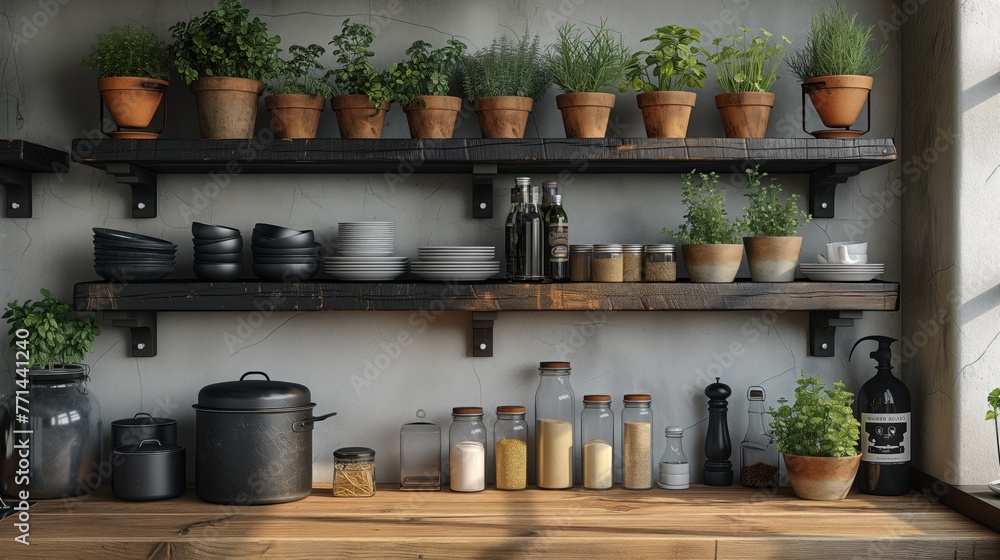 shelves in the kitchen with spices and pots of plants shelves in the kitchen with spices and pots of plants