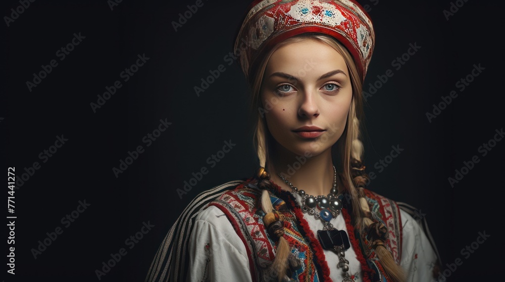 Fototapeta premium Young woman in popular vintage traditional Romanian costume,