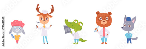 Cartoon animal doctors vector set. Funny cute smiling different animals with medical tools, stethoscope and syringe. Fun design for school, kindergarten, children, pediatric clinics and hospitals