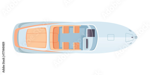 Top view sea boat vector illustration. Aerial view of yacht. Water vessel. Luxury maritime vacation and transportation