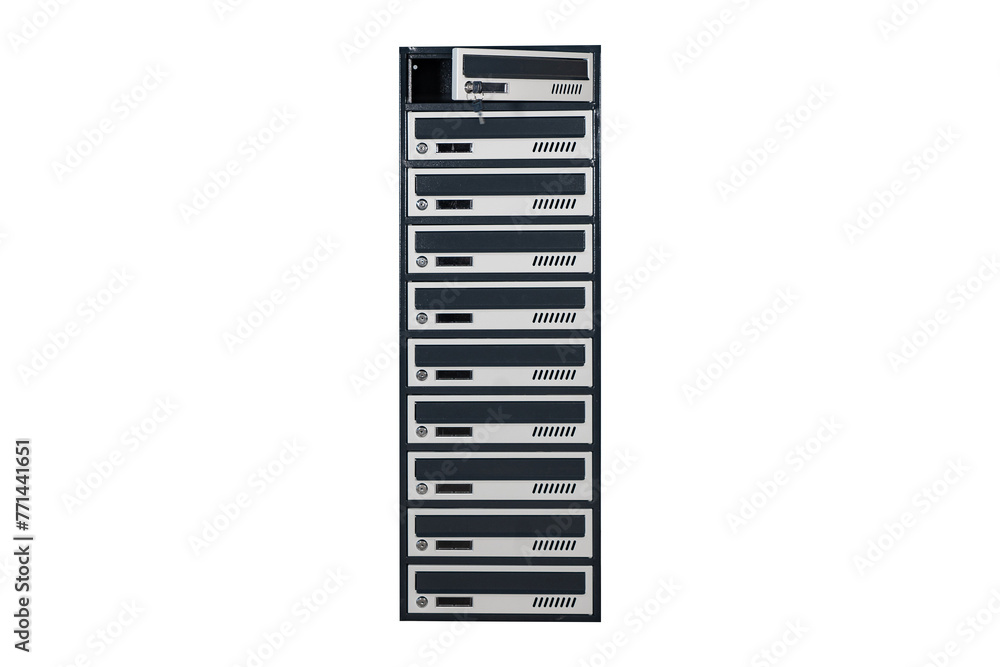 Mailboxes in the condo. metal mailbox with lockable center in condo. Mailbox on the white background isolated Mailboxes in the condo. metal mailbox with lockable center in condo. Mailbox on the white background isolated