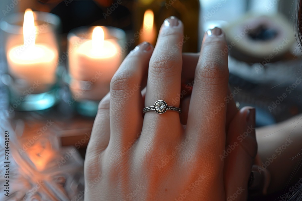 Naklejka premium Gilrs hand with a beautiful engagement ring