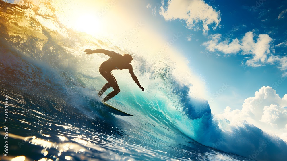 Silhouette of a surfer riding a powerful wave under a bright sunny sky with fluffy clouds.