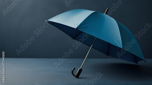 a blue umbrella is hanging upside down on a blue background with a shadow of a person holding an umbrella in the air, with a shadow of a blue background of a blue wall.generative.ai 