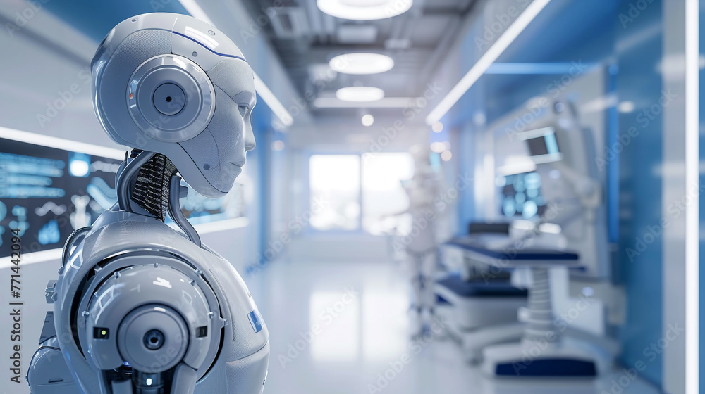 AI robot doctor in hi-tech medical room, white and blue theme, modern, clean lines, professional look