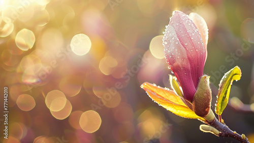 Blooming Pink Magnolia Flower on Rainy Day with Drops. Blossoming Pink Magnolia Tree. Floral spring background with Flowering tree