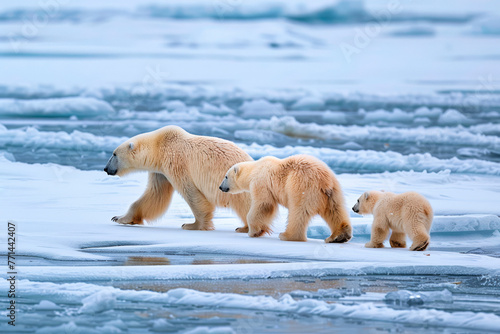 Polar bear mother (Ursus maritimus) and twin cubs on the pack ice, north of Svalbard Arctic Norway.