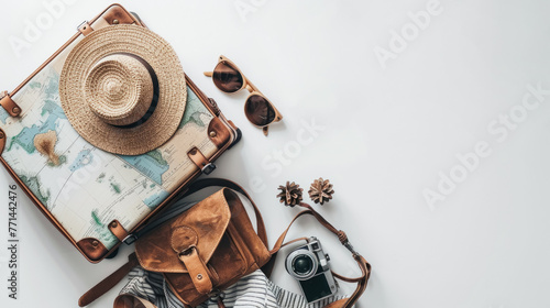 Travel concept with vintage suitcase, straw hat, sunglasses, and camera on white background, perfect for holiday and adventure themes photo