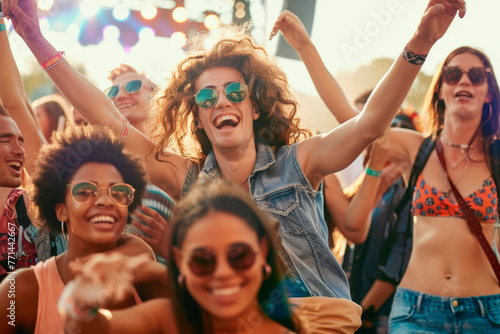 Friends having fun in the crowd at a music festival.