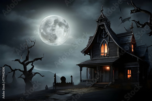 halloween background with house night, house, moon, halloween, sky, illustration, city, vector, silhouette, architecture, dark, old, haunted, tree, spooky, cartoon, horror, church, Ai generated 