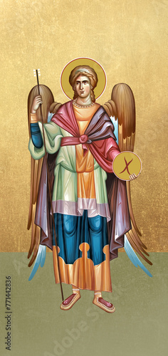 Orthodox icon of archangel Gabriel. Christian antique illustration on golden background in Byzantine style