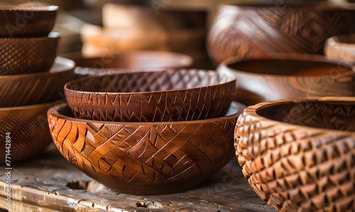 Handcrafted wooden bowls with intricate carving showcasing artisan craftsmanship, Generative AI 