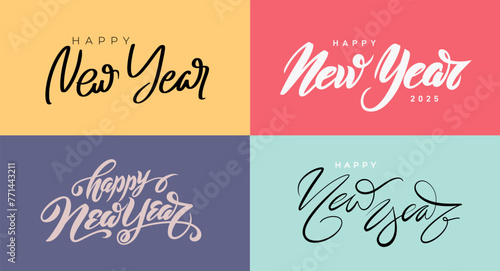 Set of Happy New Year hand lettering calligraphy. Vector holiday illustration element. Collection of colored typographic element for banner, poster, congratulations. Luxury Happy New Year text design. photo