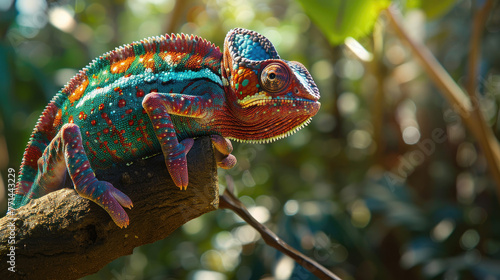 A colorful chameleon with its skin adorned in vibrant hues, perched on the branch of an exotic tree