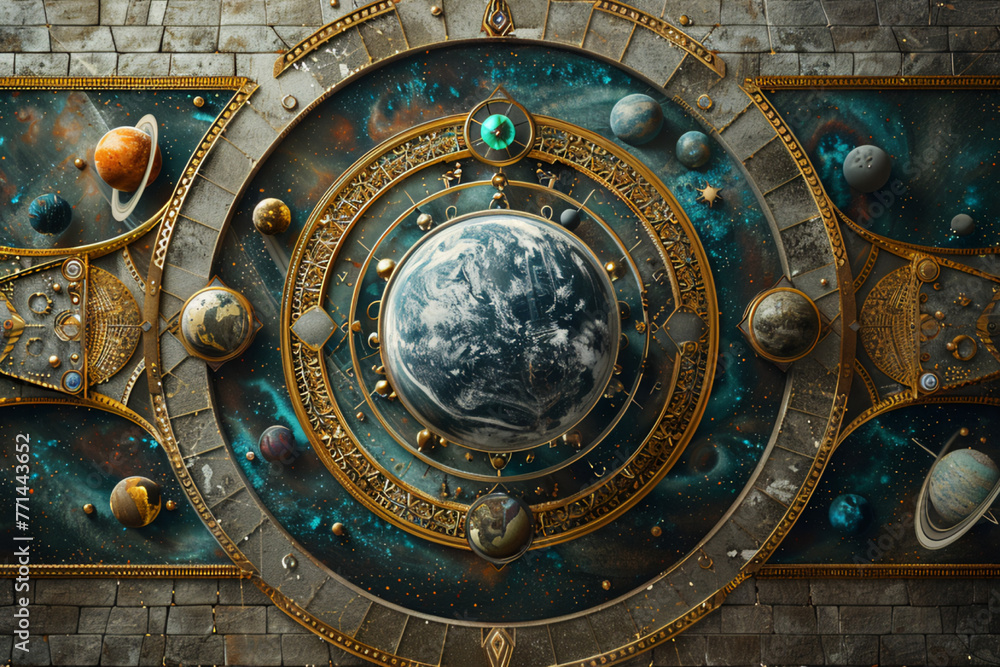 Create an AI-rendered scene showcasing a celestial-themed decorative ornament, with planets and celestial bodies arranged in a harmonious dance of abstract shapes and intricate designs