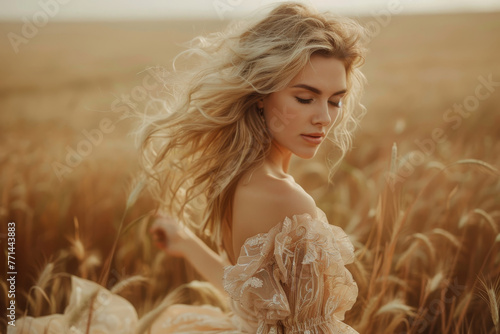 A woman with long blonde hair is standing in a field of tall grass