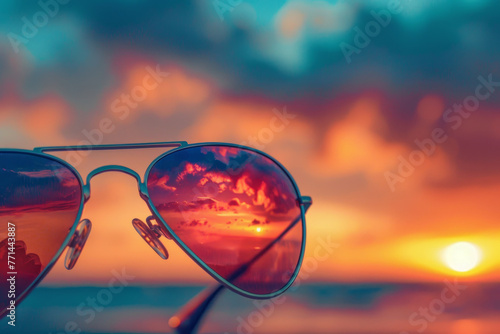 A pair of sunglasses is reflected in the sun